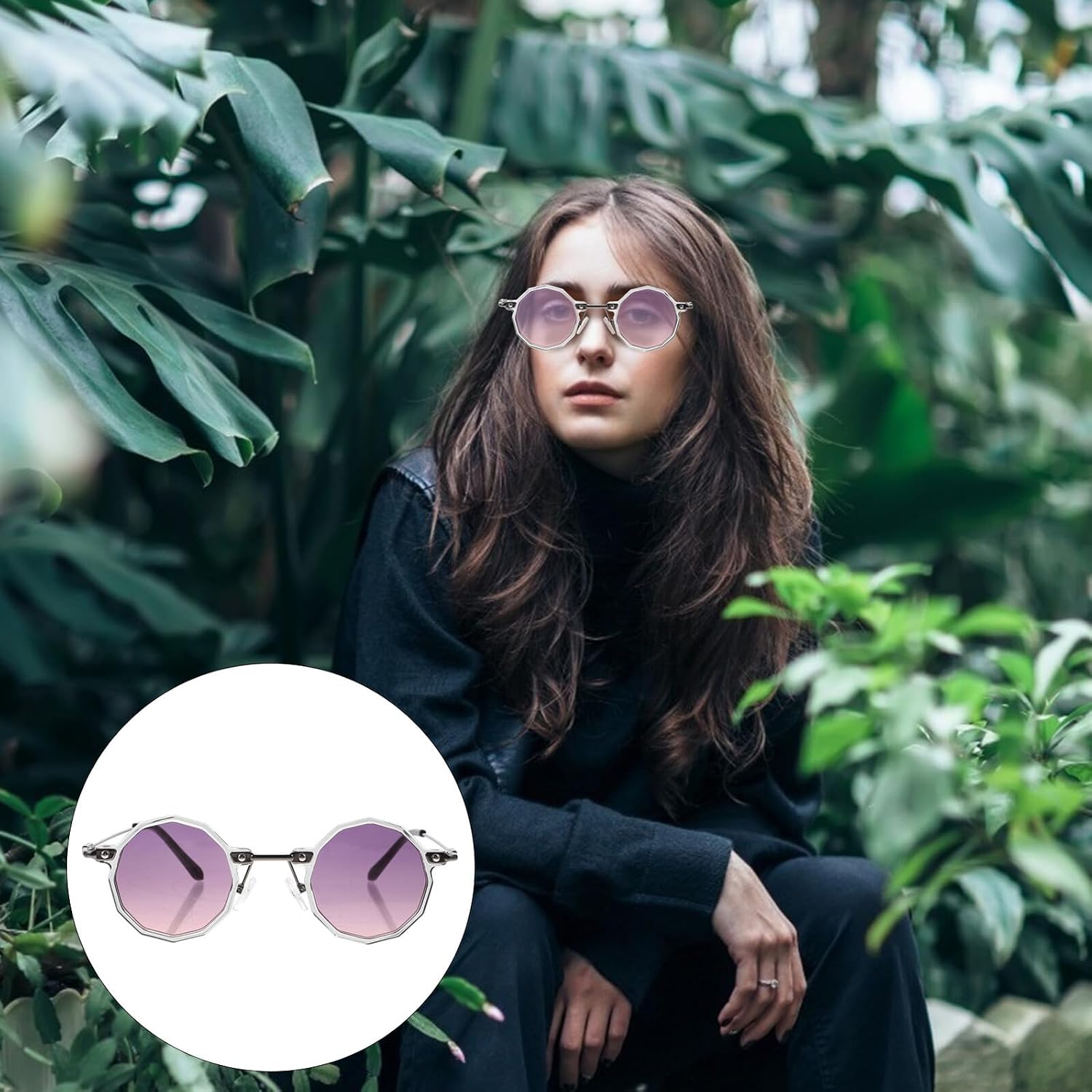 Vintage round Sunglasses Gray Frame and Purple-gray Lenses, Retro Hippie Style Eyewear for Women and Men, Party Photo Prop Beach Glasses UV Protection