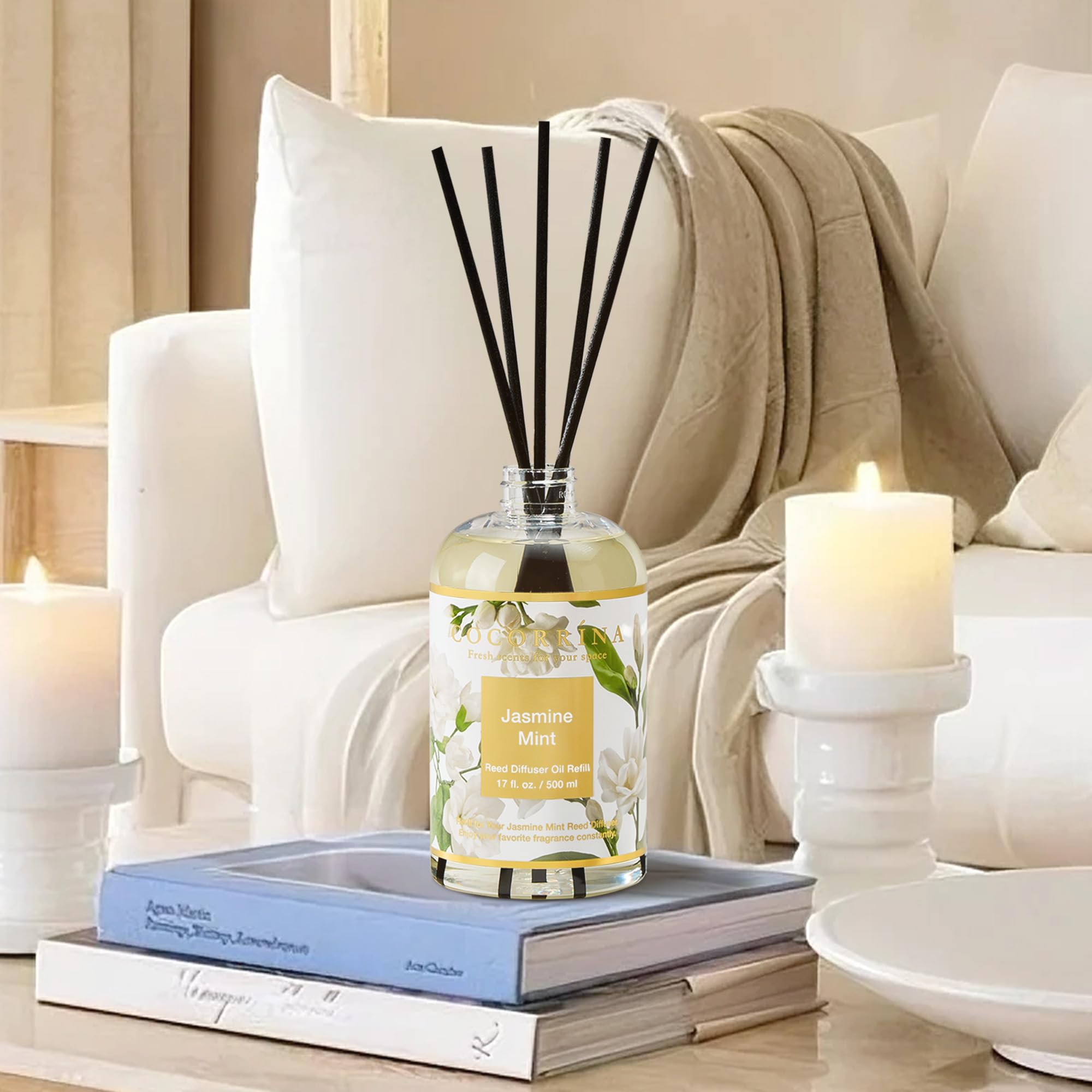 COCORRÍNA Ricarica Diffusore Ambiente 500ml con 8 Bastoncini, Jasmine & Mint, Profumo Lungo Durata con Oli Essenziali Naturali, Camera da Letto e Bagno