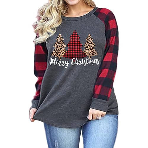 VISLILY Plus-Size-Christmas Shirts for Women Holiday Long Sleeve Tops Raglan Plaid Tee
