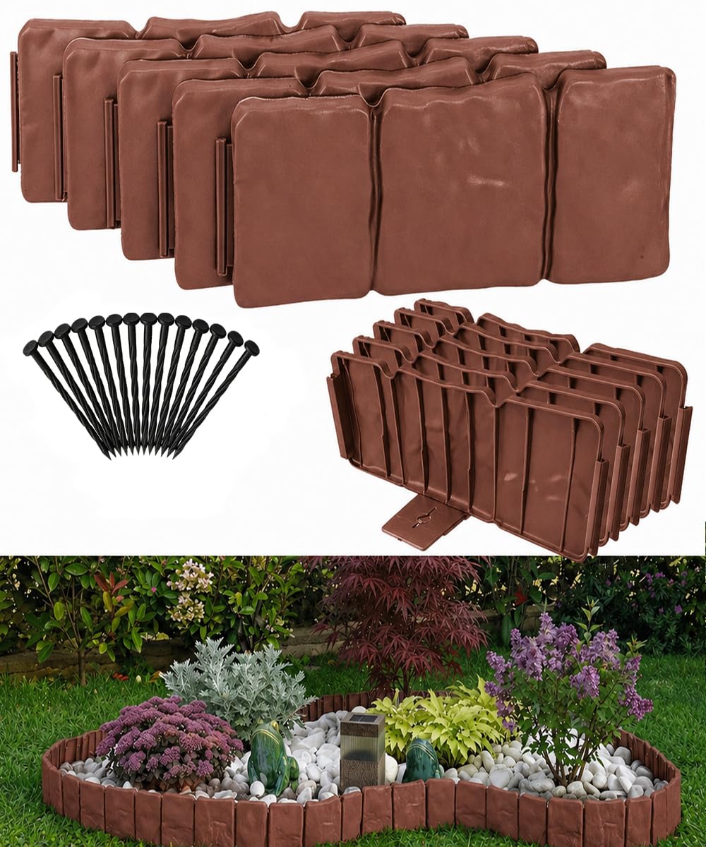 Stone Effect Garden Edging Border, 2.5m/8FT L- 10cm Tall Plastic Lawn Border Decorative Landscape Edge for Outdoor Tree Yard Path,No Digging Flower Bed Fence with Fixing Stakes-10Pcs Brick-red
