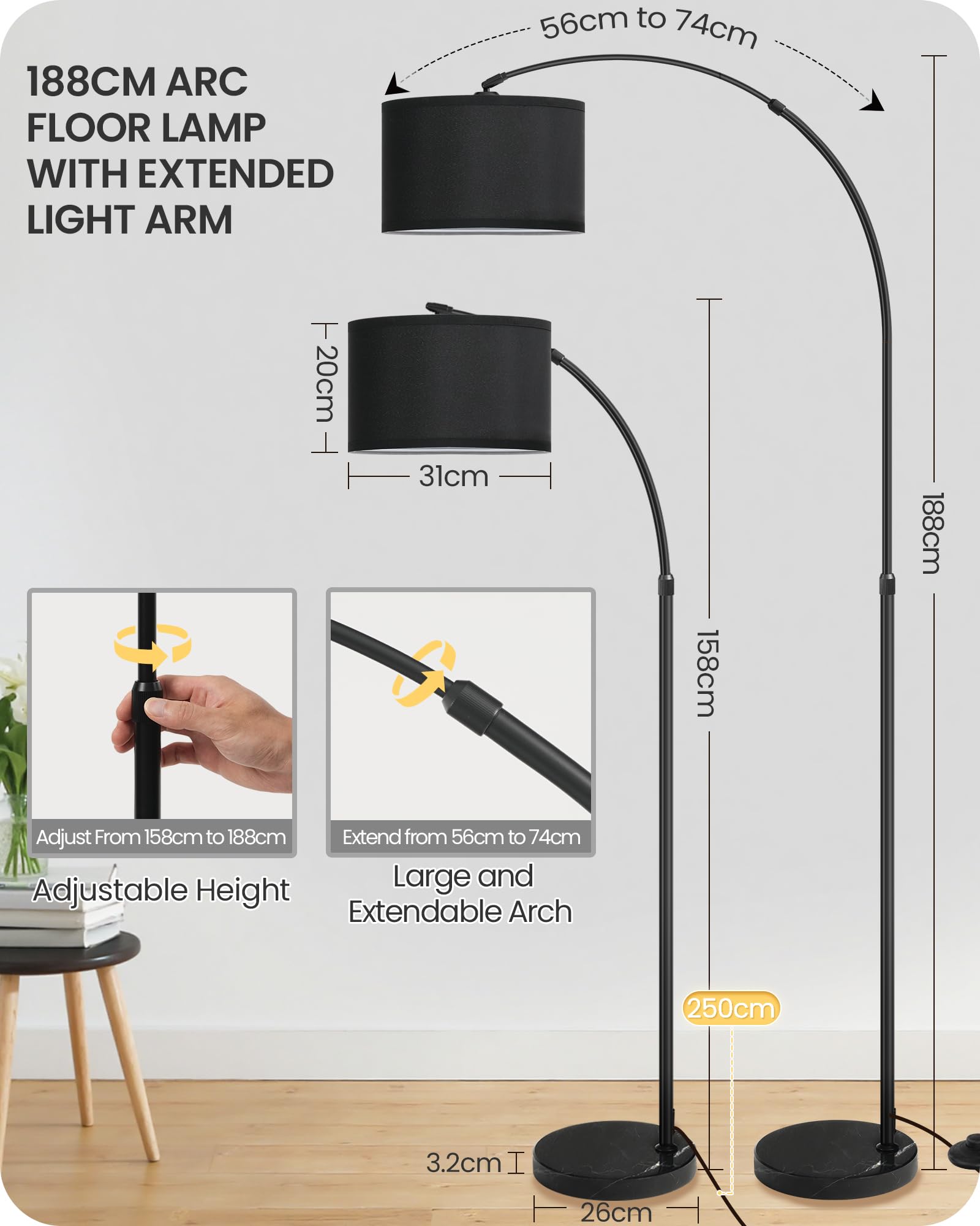Stehlampe Wohnzimmer, 158-188 cm höhenverstellbare Bogenlampe, Dimmbare Stehleuchte mit Fernbedienung, mit LED Birne, Schwarze Standlampe für Schlafzimmer, ZB15LDD05