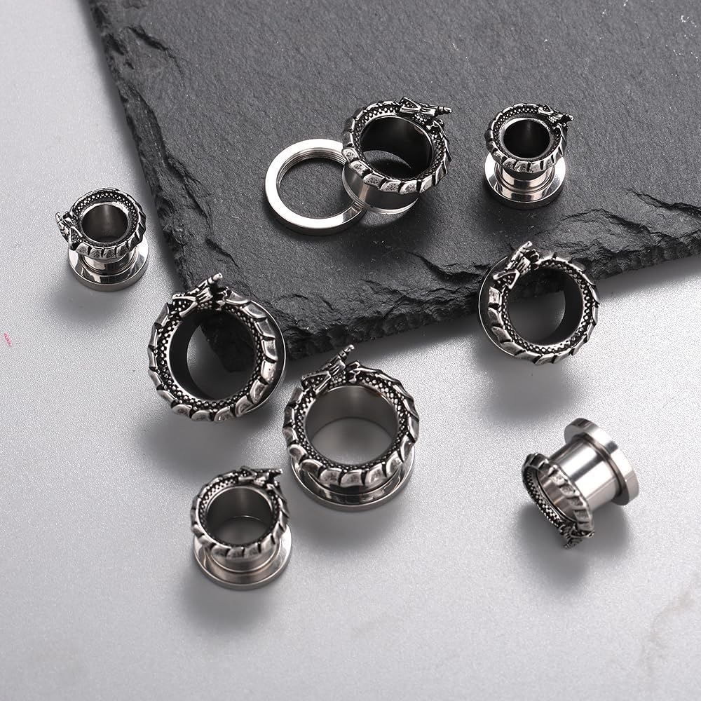 TURTLEDOVE Ouroboros Dragon Ear Gauges, Stainless Steel Ear Tunnels 2Pcs, Ear Expanders for Stretched Ears Body Jewelry