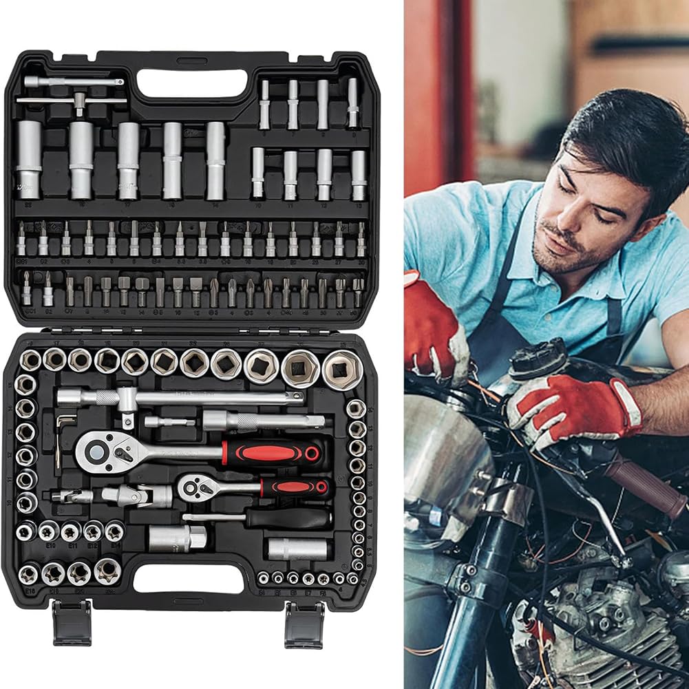 Set di chiavi a bussola, 108 pezzi, metriche da 1/4 e 1/2, cricchetto reversibile a sgancio rapido per riparazione auto, cassetta degli attrezzi in plastica
