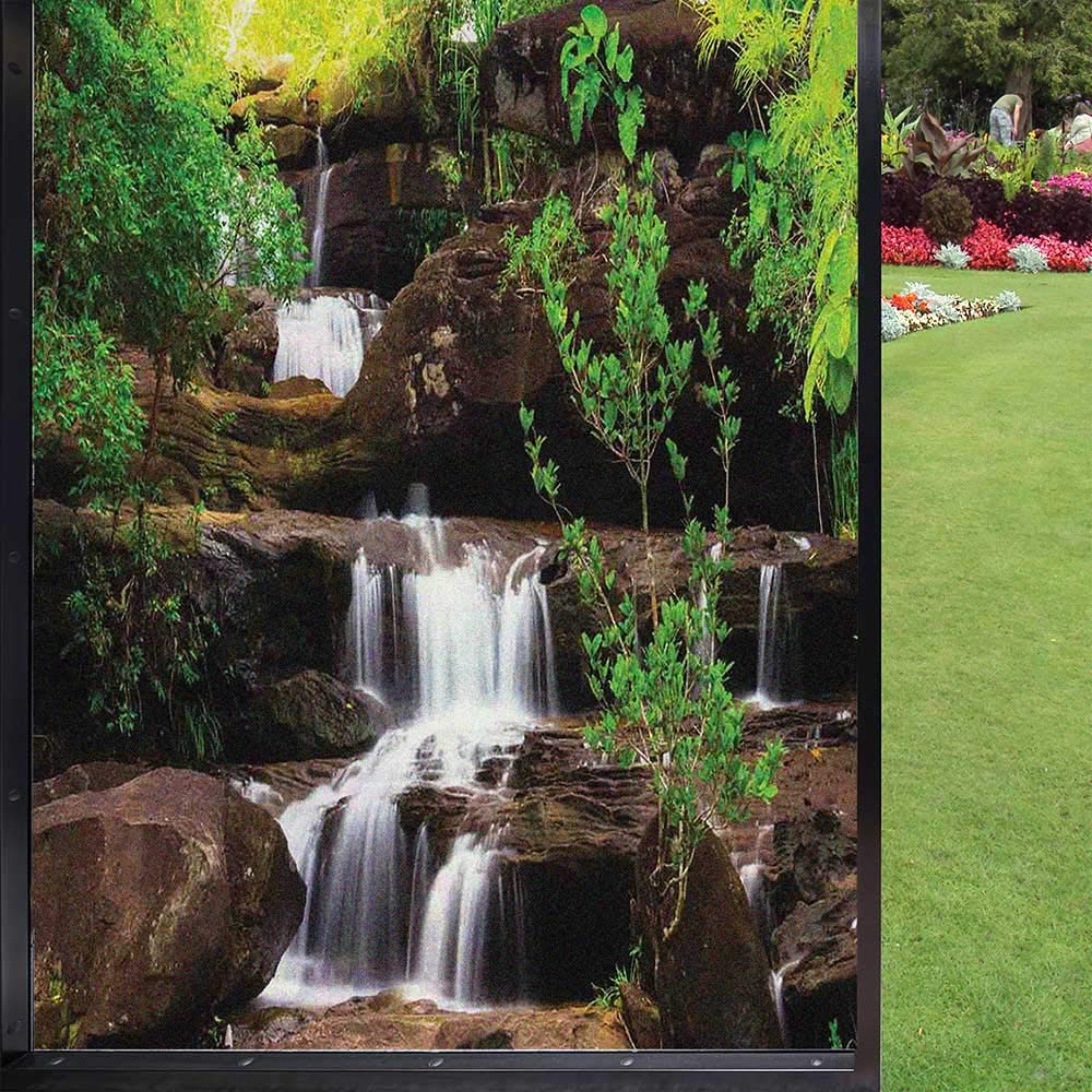 Waterfall Window Film Static Cling Film,Little Waterfalls Flow on Rock Stairs Surrounded by Long Plants Earth Stain Glass for Bathroom Kitchen Room