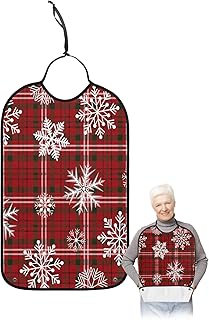 BOBOWUNY Christmas Snowflake Adult Bibs for Elder Women Men Eating, Winter Red Black Checkered Waterproof & Washable Bibs for Eating Clothing Protector Dining Bibs for Crumb Catcher