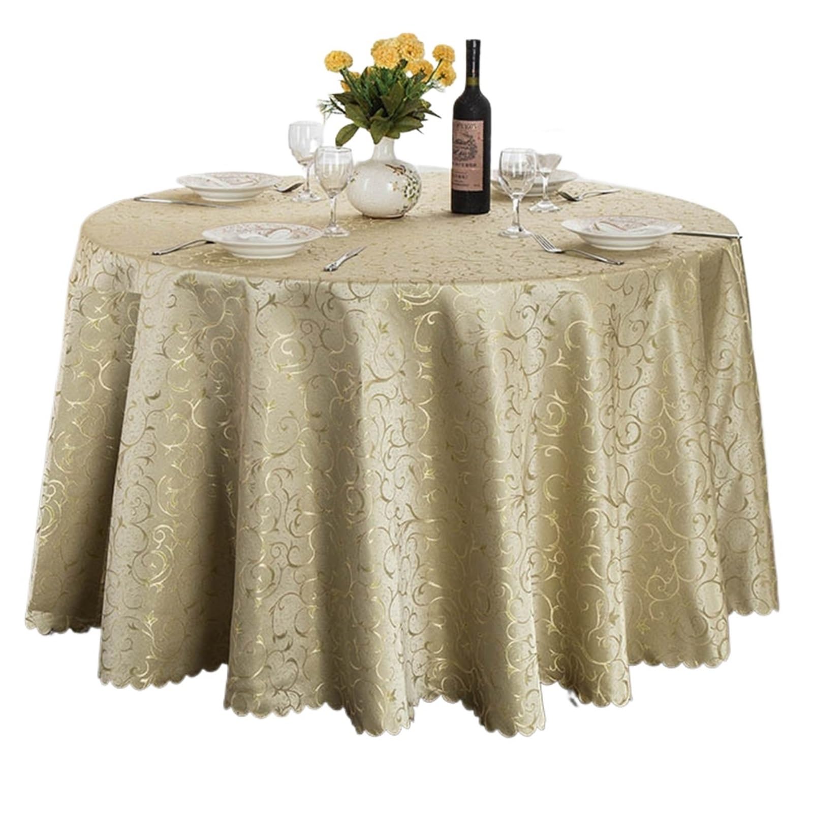 SHENJMAI Round Skirt Tablecloth Circular Hotel Tablecloth Golden Flowers for Wedding Party Decoration Table Skirt Set Restaurant Multipurpose(Bean green,Diameter 300cm 1pcs)