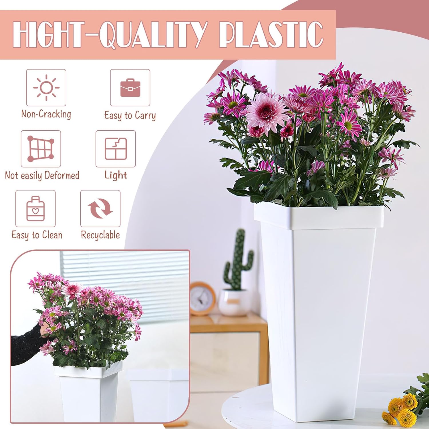 6 Pack Flower Buckets for Cut Flowers 13.4 Inch Plastic Floral Buckets Modern Square Vases for Centerpieces Display Decorative Plastic Vases for Home Office Wedding Decorations -White