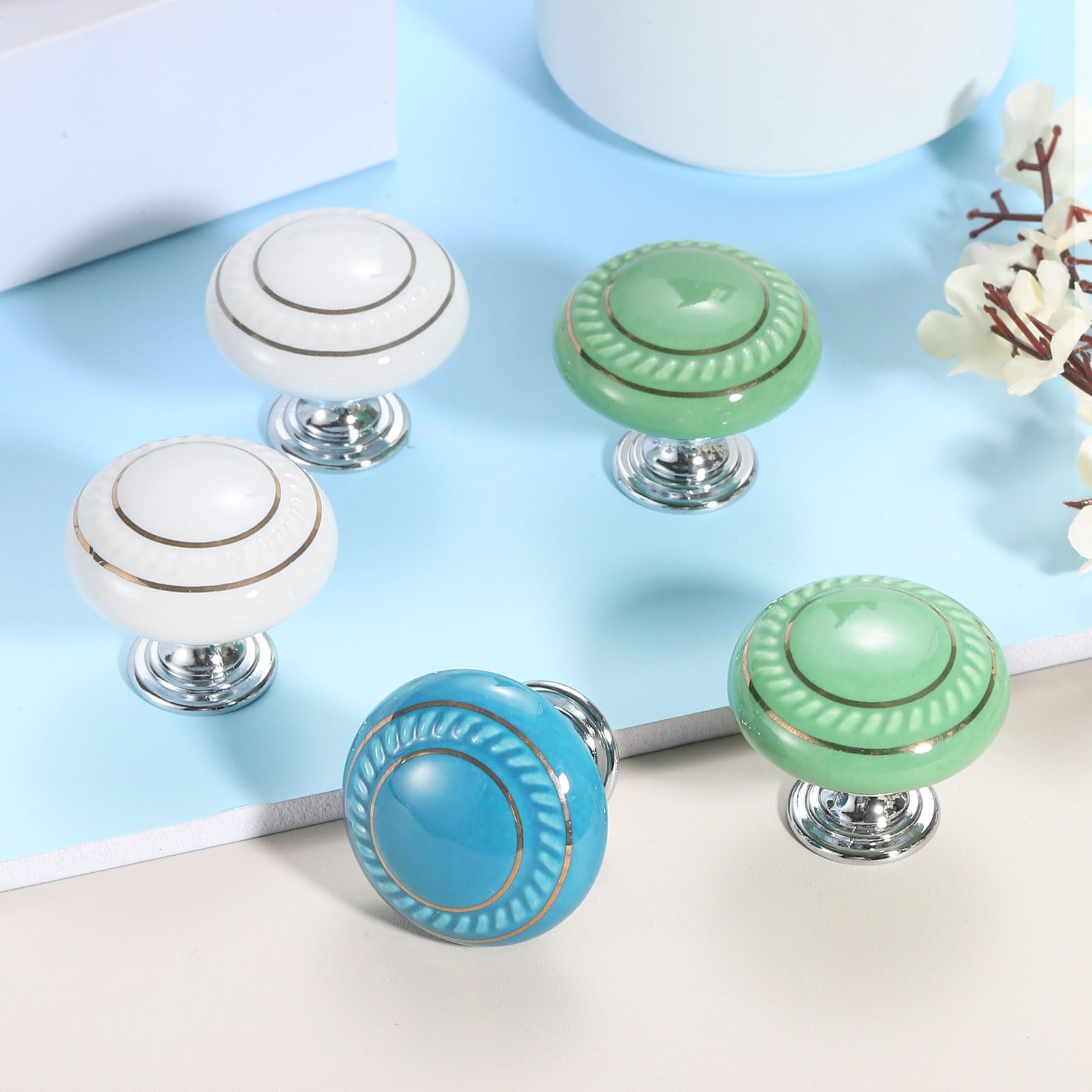 uxcell 10 pomelli in ceramica, 35 mm, rotondi, per cassetti, stile vintage, con viti, per mobili da bagno, camera da letto, armadio, cerchio argento/bianco
