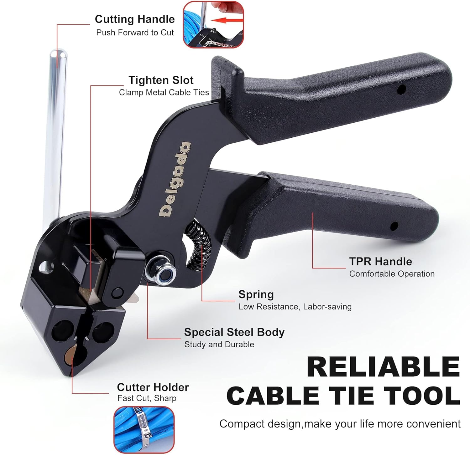 Delgada Metal Cable Tie Gun, Heavy Duty Stainless Steel Zip Ties Tool Cutter, Tightening Cutting Outdoor Chain Link Fence Ties