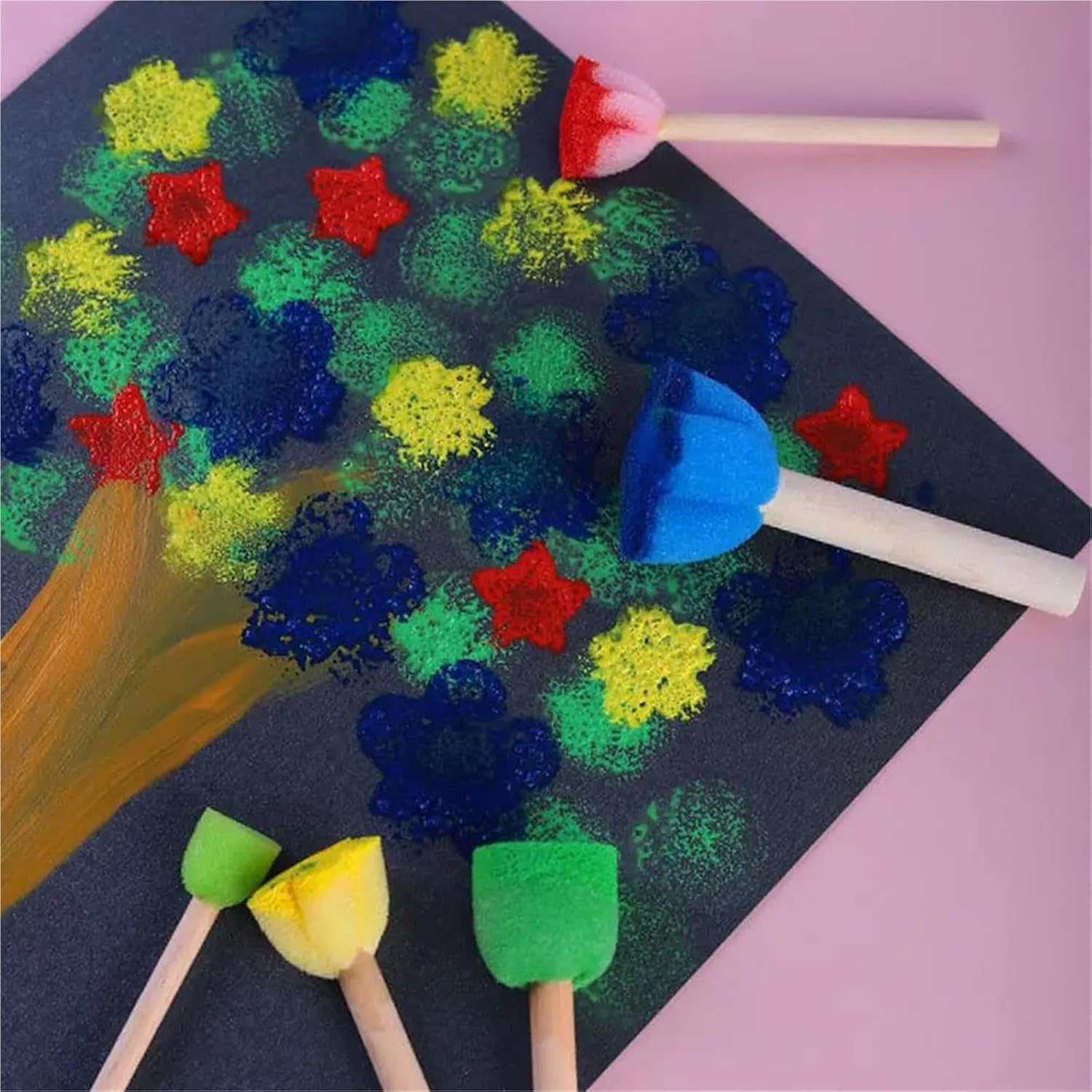 Foam Paint Brushes 100pcs Paint Sponge Stamp Stick DIY Painting Stencil Wooden Handle DIY Painting Stencils Arts Tool
