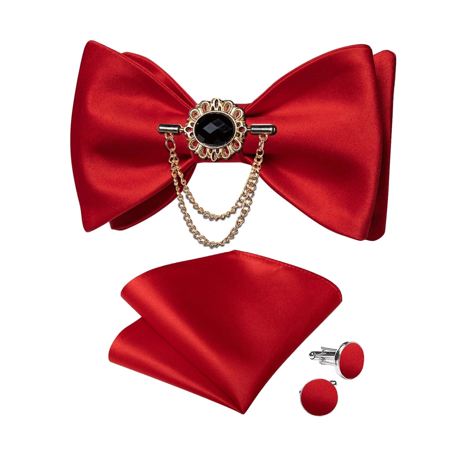 JFDBGU Wedding Solid Bowtie Silk Pocket Square Cufflinks Brooch Set Self-tie Bow Tie Adjustable Knot