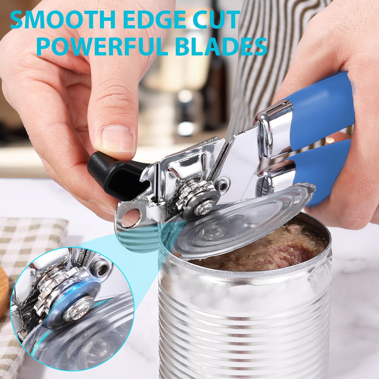 Blikopener, Lychico 3-in-1blikopener Handheld Heavy Duty RVS blikopeners met multifunctionele flesopener, blauw