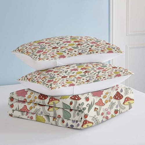 Miniatura 5 de SOULZZZ Lindo edredón de hongos, tamaño Queen, juego de ropa de cama natural de planta silvestre y hongos rojos, edredón beige con 2 fundas de