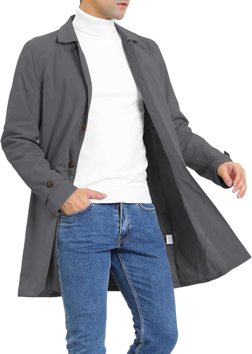 Mens Trench Coat Slim Fit Single Breasted Casual Long Jacket Lightweight Lapel Fall Windbreaker Overcoat - Image 2