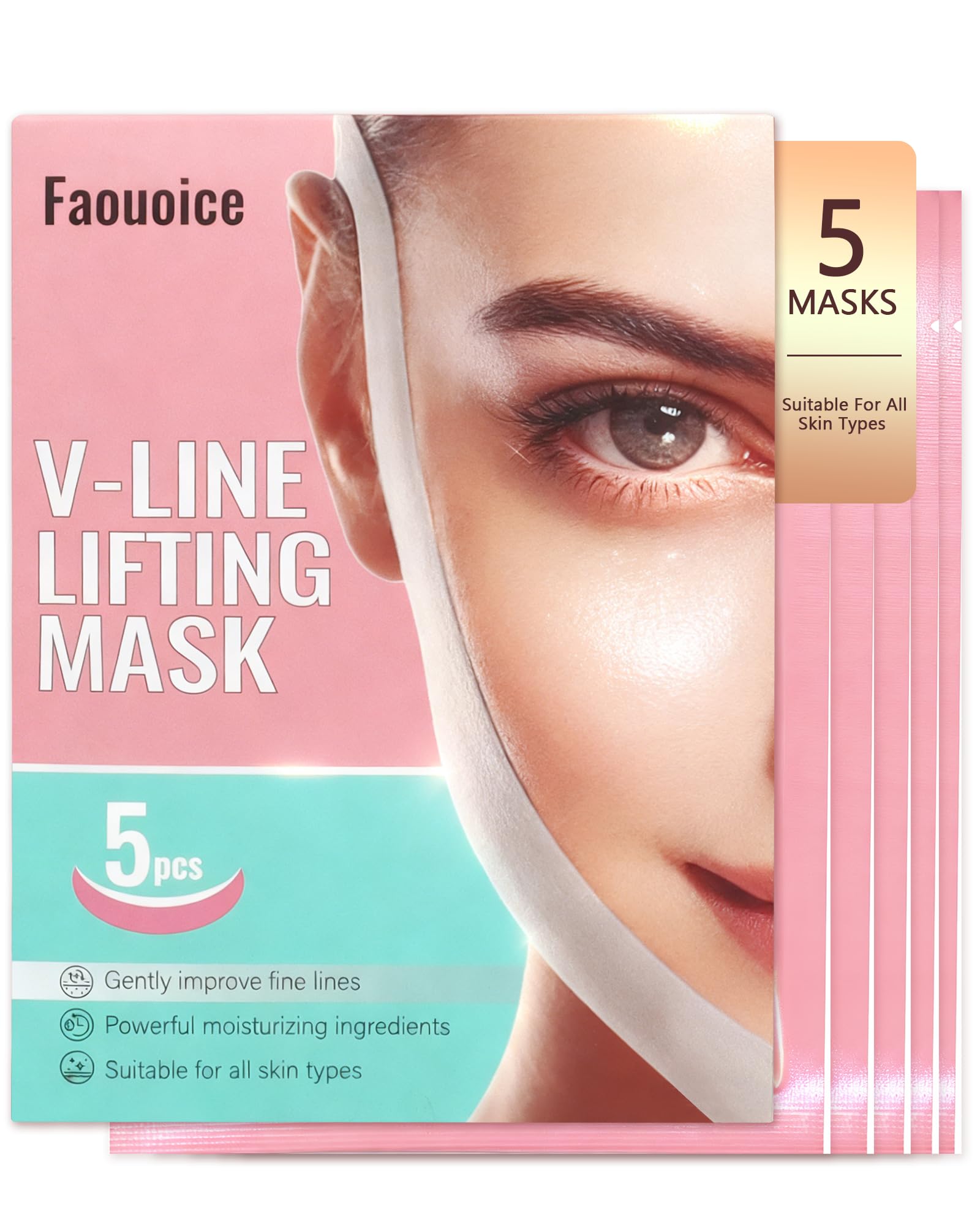 V-Line Lifting Collagen Face Mask, Deep Collagen Face Mask for Women, 5 Pcs | Double Chin Reducer with Hyaluronic Acid & Aloe Vera, Chin Lifting Masks