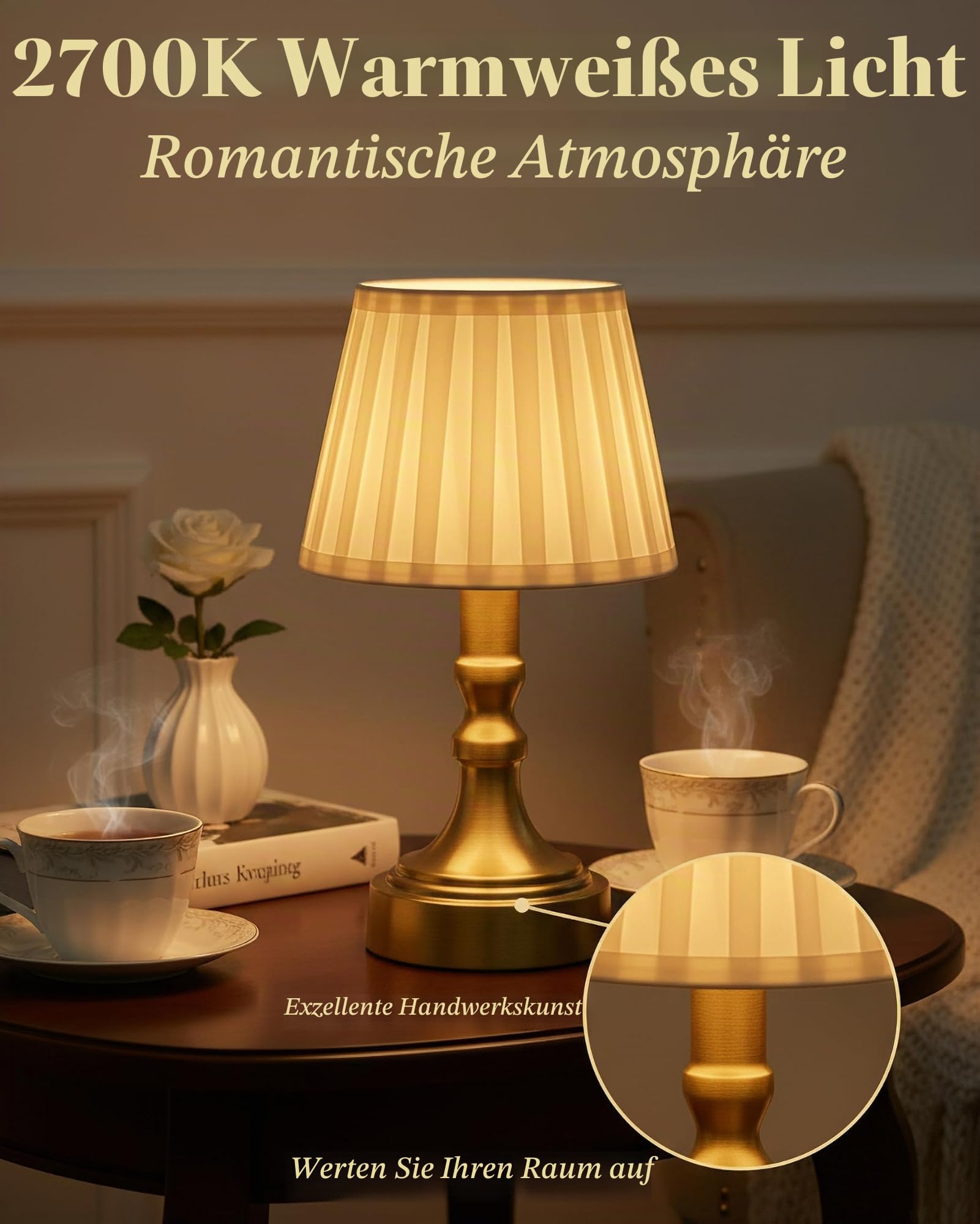 ACMHNC Tischlampe Kabellos Vintage mit Akku, Gold, 2700K, Touch Dimmbar | USB-C Aufladbar LED Nachttischlampe, Stoffschirm, 4000 mAh, 34 cm für Esstisch Schlafzimmer Balkon