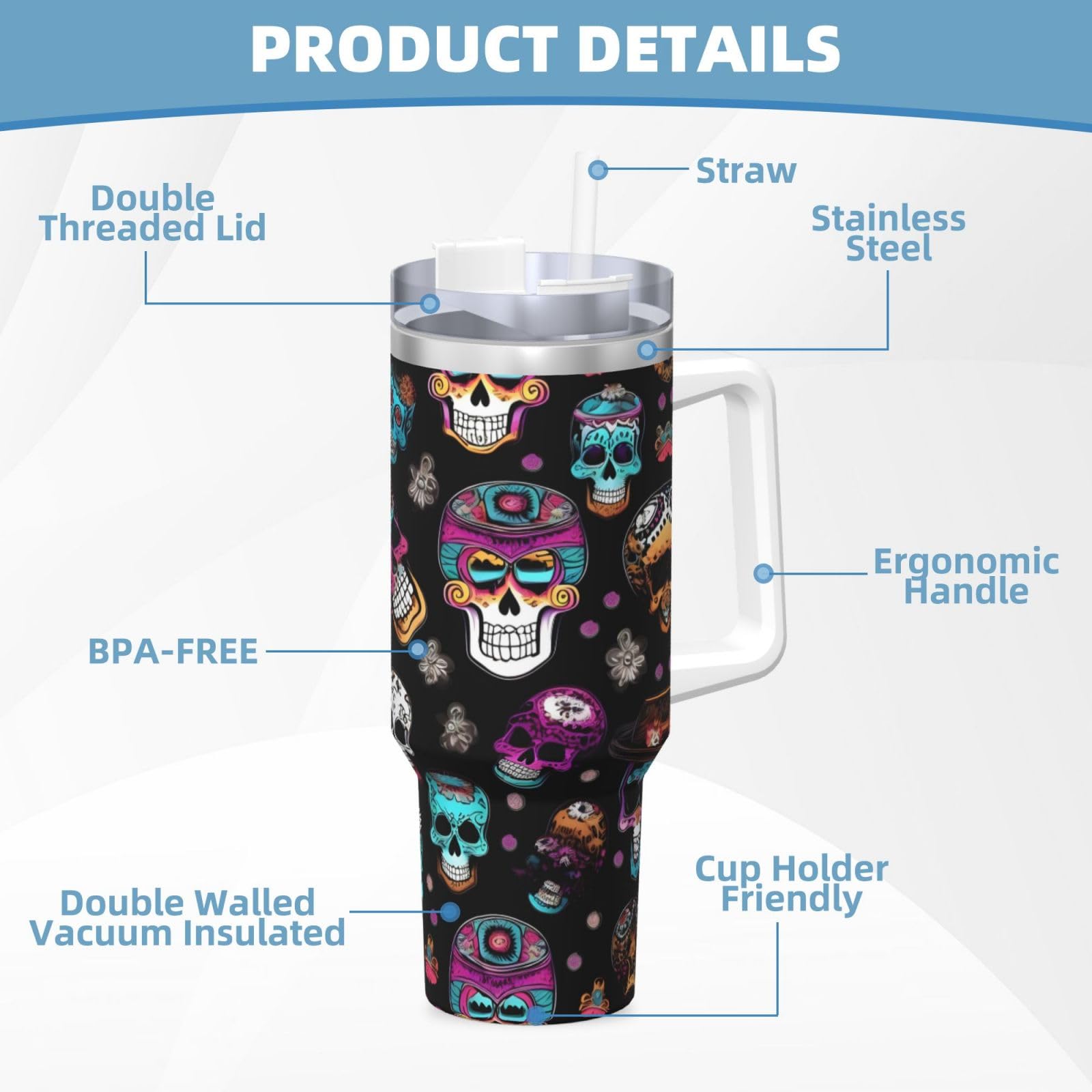 Sugar and Skulls Style Ice Bully Wasserflasche aus Edelstahl, doppelwandig, isoliert, mit Griff und Strohhalm-Deckel, 1,2 l