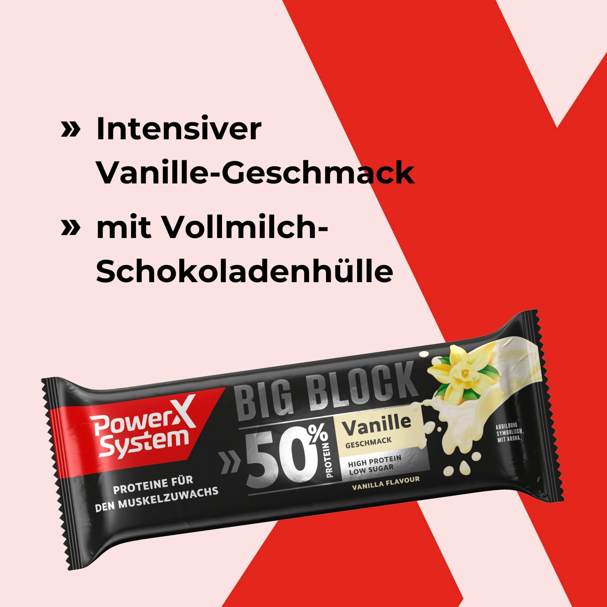 Power System Big Block Vanille, 50 g Protein pro Eiweißriegel, 16 x 100g | Proteinriegel mit 50 % Eiweiß und wenig Zucker, für den Muskelaufbau, Maxi-Portion