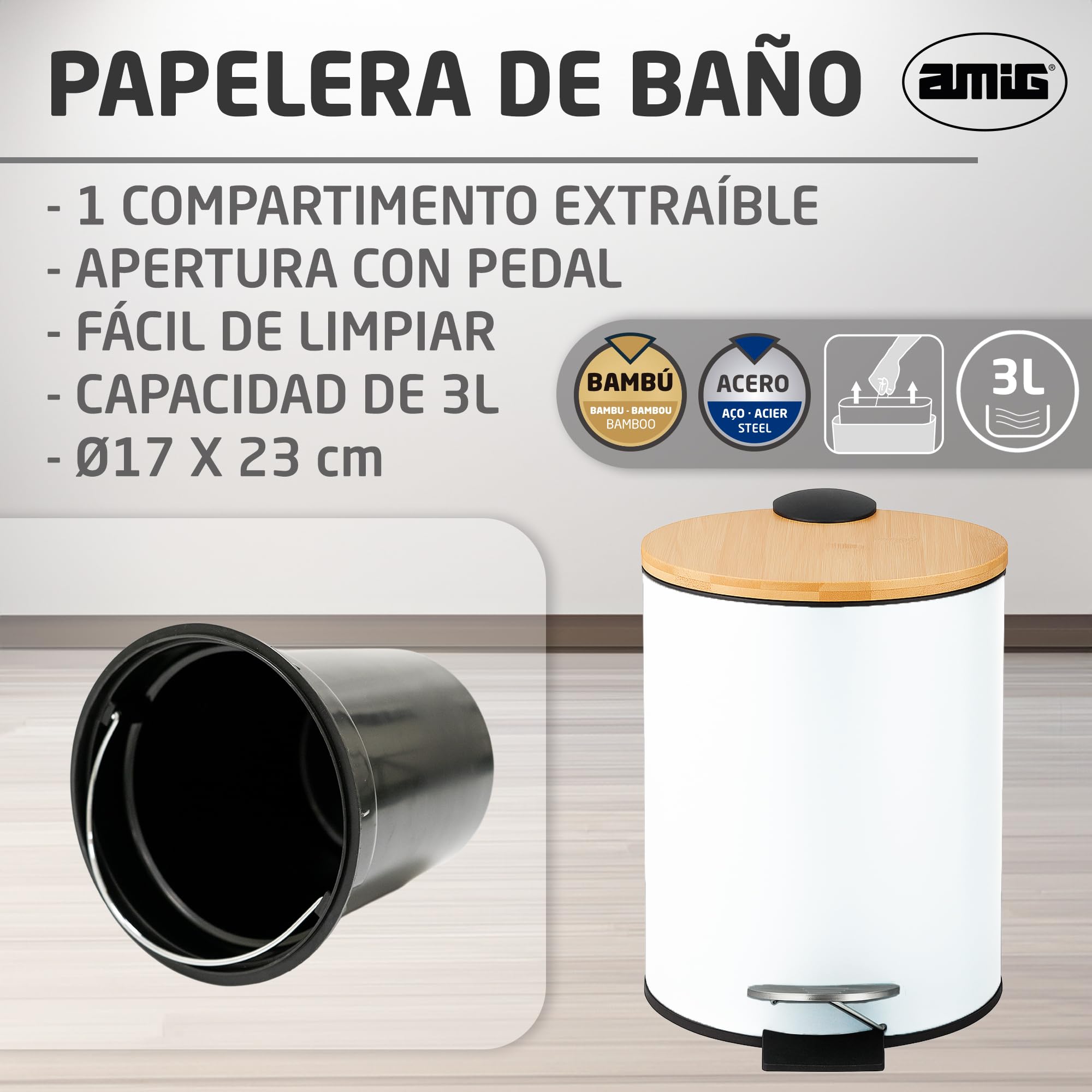 Amig - Cubo de Basura para Baño con Pedal 3 Litros Mod. Naturline - Color Blanco y Bambú - Apertura Higiénica sin Manos - Ø16,8 x 23 cm - Acero Inoxidable Lacado - Papelera Redonda con Tapa Hermética