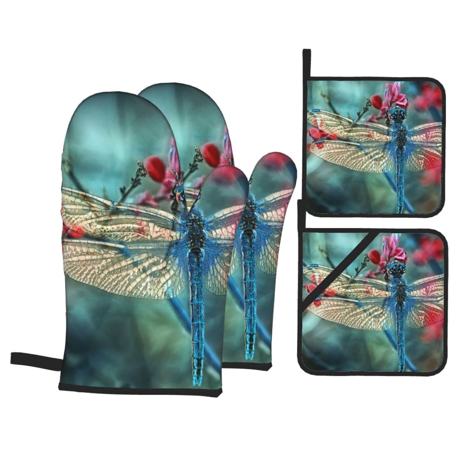 Dragonfly On The Flower Print Kitchen Baking Four Piece Set of Heat Resistant Thick Cotton Oven Mitts for Cooking, Baking and Grilling