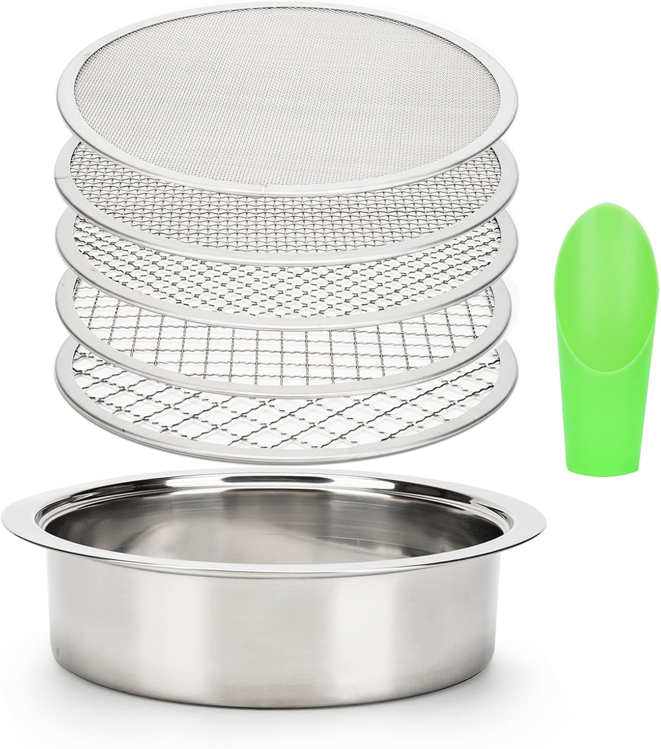 5-Piece Stainless Steel Soil Sifter Set with 1/3/6/9/12mm Mesh Screens - Heavy Duty Garden Sifter for Composting, Potting Mix & Seed Starting - Rust-Proof Soil Sieve & Sifting Pan