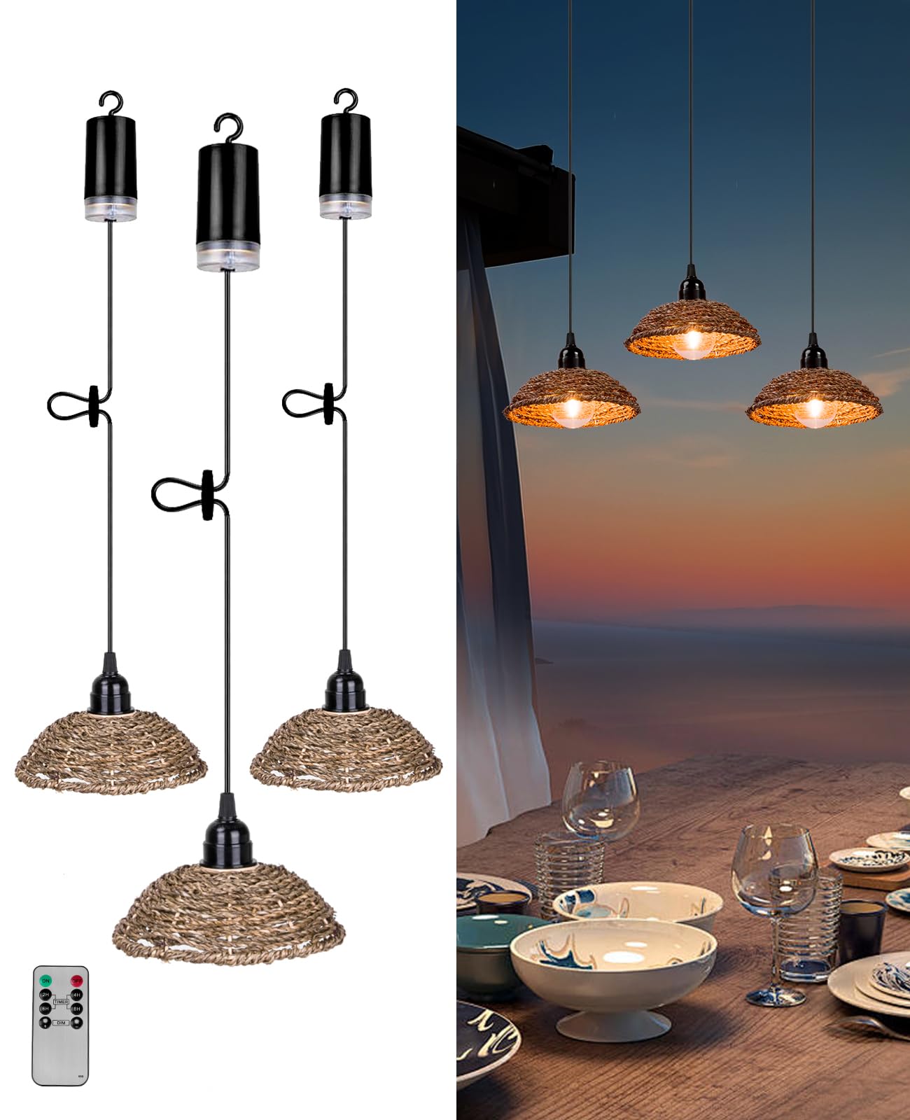AVAMERY Outdoor Pendant Light, Battery Operated Boho Style, Grass Lampshade 3Pack