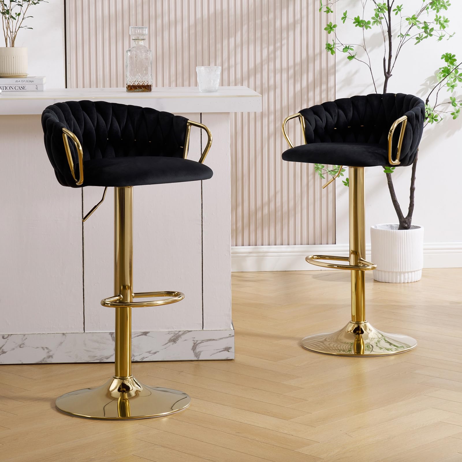 KHISCHMO Set of 2 Velvet Bar Stools, Woven Backrest, Adjustable Height & 360° Swivel, Gold Metal Frame with Footrest, for Kitchen Home Restaurant, Black