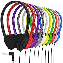 Maeline Bulk Classroom Student Headphones On Ear Stereo Headphones Flexible Adjustable Band for Kids Online Learning, Library, School, Airplane, Travel - 3.5mm Plug - 20 Pack - Multi