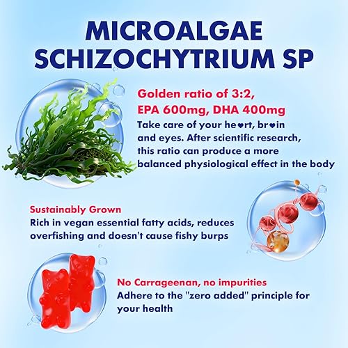 Miniatura 5 de Paquete de 2 gomitas veganas Omega 3 de 1000 mg+CoQ10+magnesio - con algas EPA 600 mg y DHA 400 mg, suplementos de aceite de pescado omega-3
