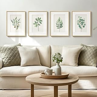 Framed Boho Sage Green Botanical Wall Art for Living Room, Farmhouse Min...