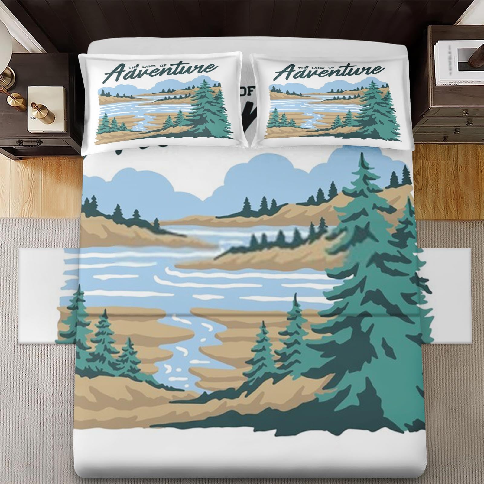 4 Pcs Fitted Sheet Set Queen Size with 16" Deep Pocket, Vintage Lake Fishing Bedding Set with Pillowcases for Kids and Adults, Tree Mountain Green Flat Bed Sheet Set