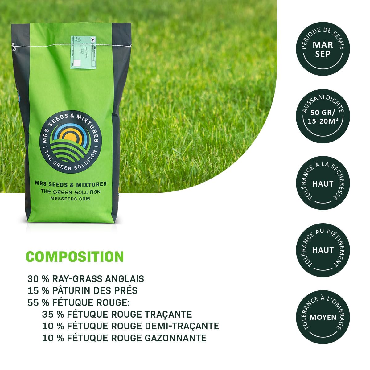 MRS Allround : Semences de gazon récréatif - 5 kg pour 250 m² - Robuste et esthétique - Tolérant à l’ombre et à la sécheresse