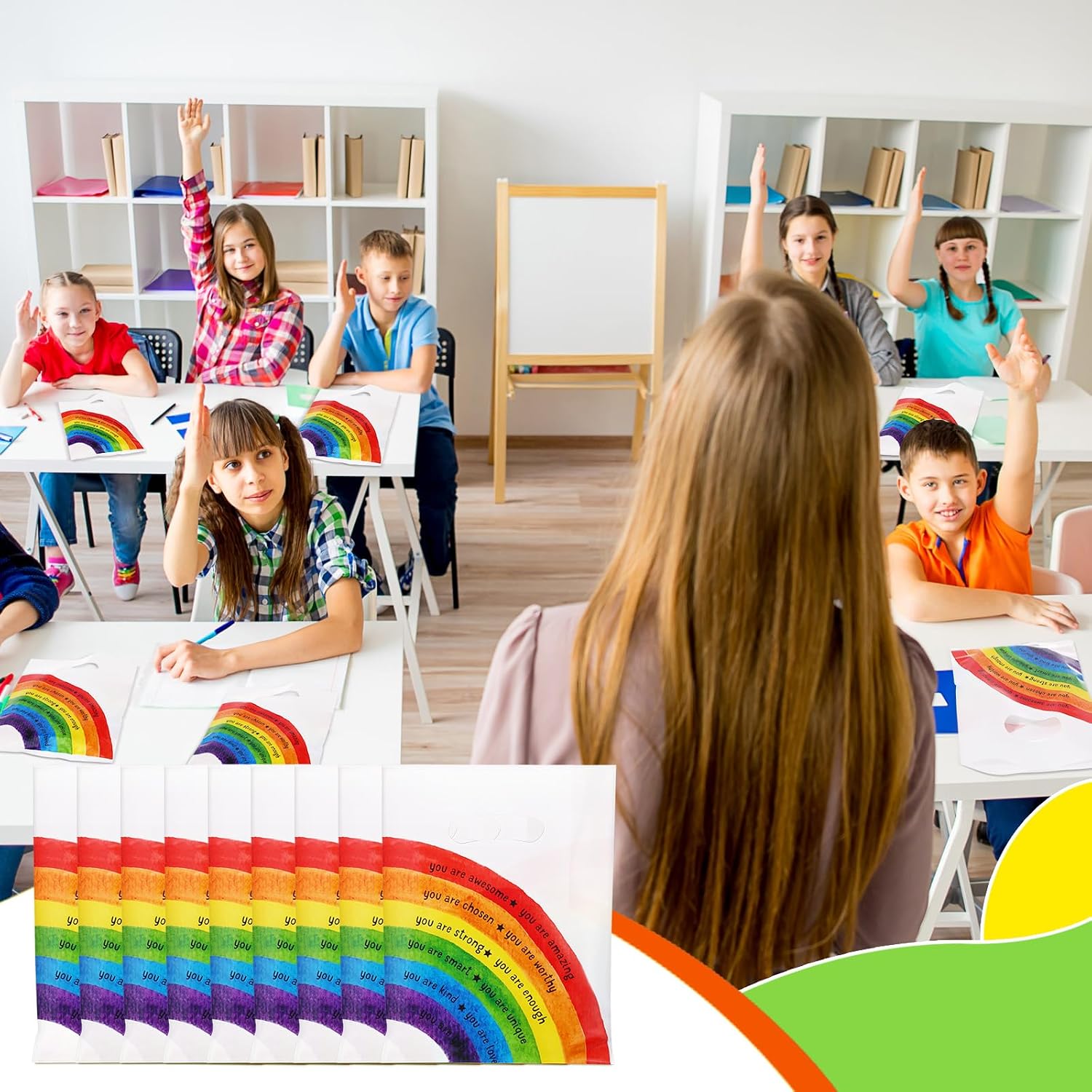 Coume 50 Pcs Rainbow Gift Bags with Handles Plastic Goodie Bags, 6 x 8 Inch image 5