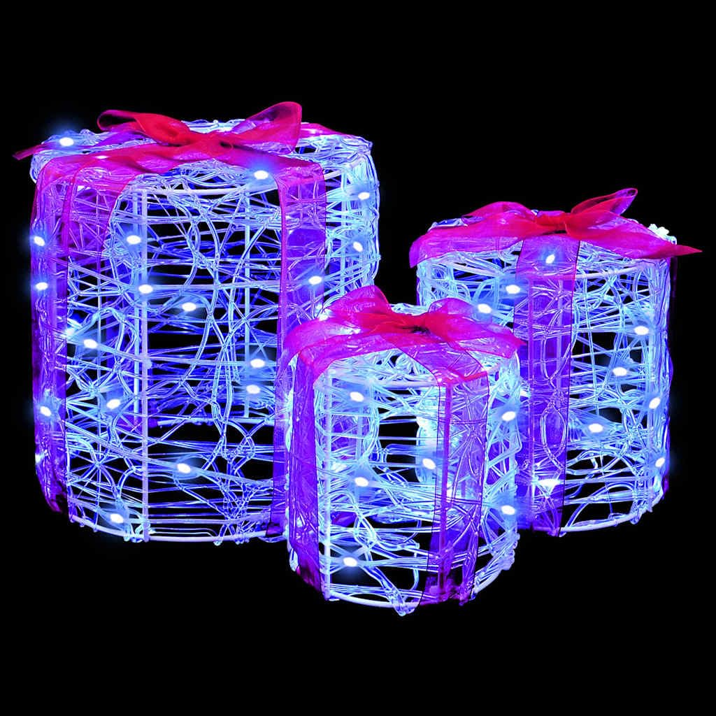 Pudełko na prezent, dekoracja, niebieski, akryl, 20 x 20 x 21 cm, 3 sztuki ze zintegrowanymi paskami LED do dekoracji choinki, świątecznej dekoracji i zimowej atmosfery