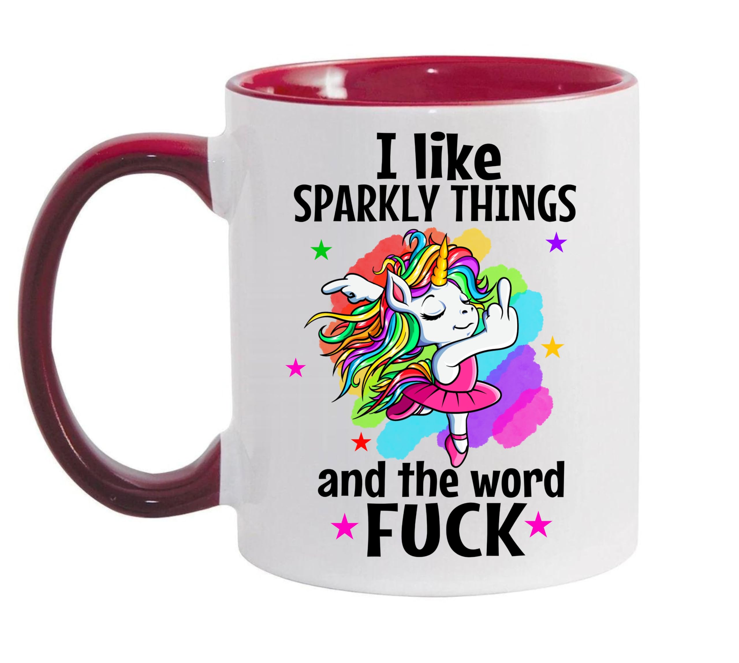 I Like Sparkly Things & The Word Fuck - Hilarious Unicorn Mug - Funny Gift for Friends - 11oz Ceramic Coffee Cup (Dark Red)