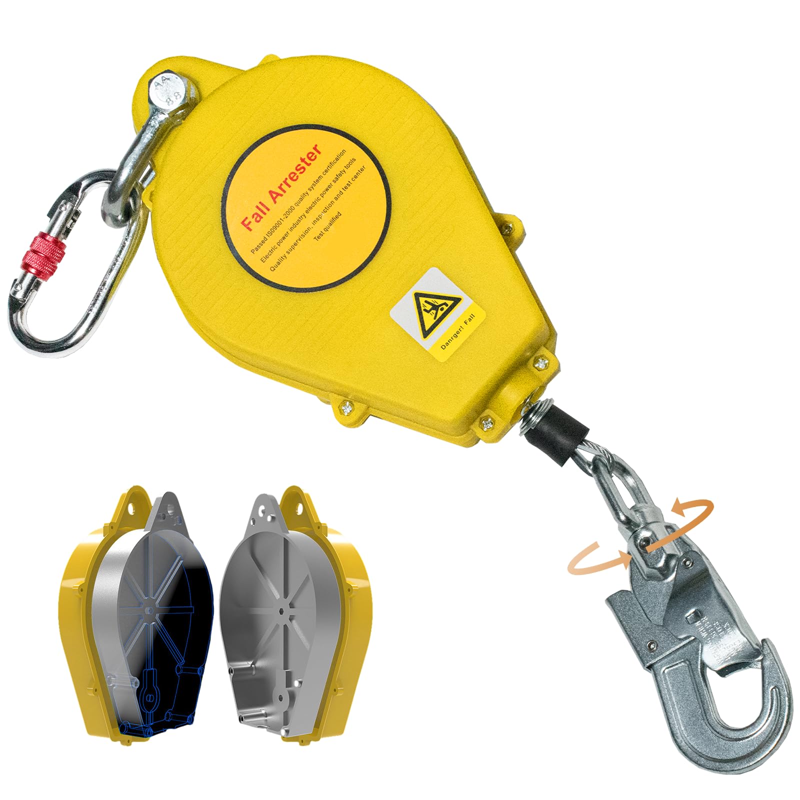 Harnais de Securite Anti Chute Toiture, 150 kg Dispositif Antichute a Rappel Automatique 10m/15m/20m, Stop Chute Toiture à Rappel Automatique avec Crochet Rotation(Jaune,10 Mètres)