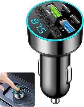 Car Bluetooth Transmitter,Bluetooth Car Adapter FM Bluetooth Transmitter Adapter Fast Charging Hands-Free Calling with Dual USB & Type-C