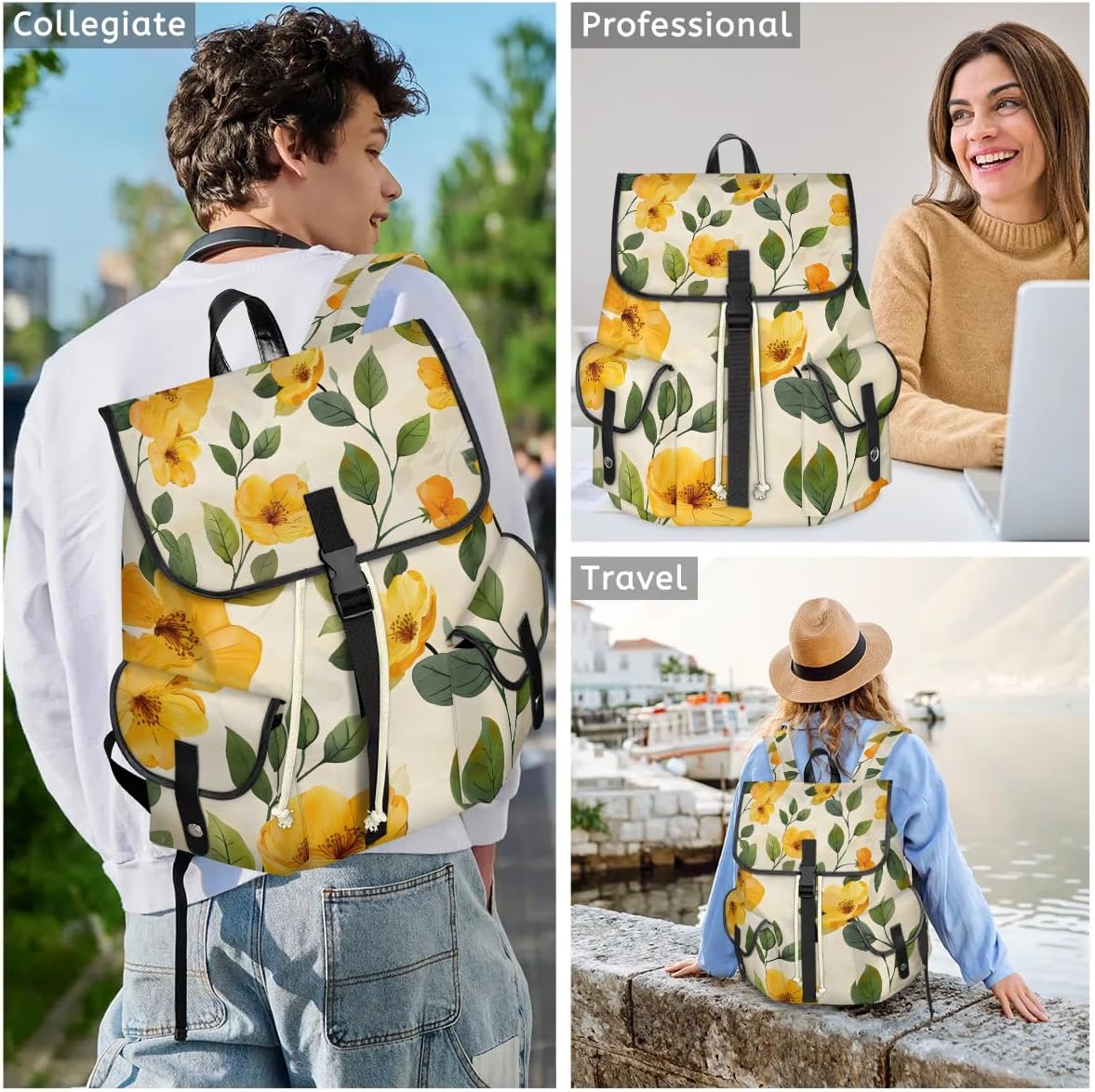 Carry on Backpack Yellow Flower Theme Lightweight Waterproof Travel Backpack for Men & Women, Vintage Laptop Backpack Ideal for Work, Travel & College (13x6.3x16.5 in)