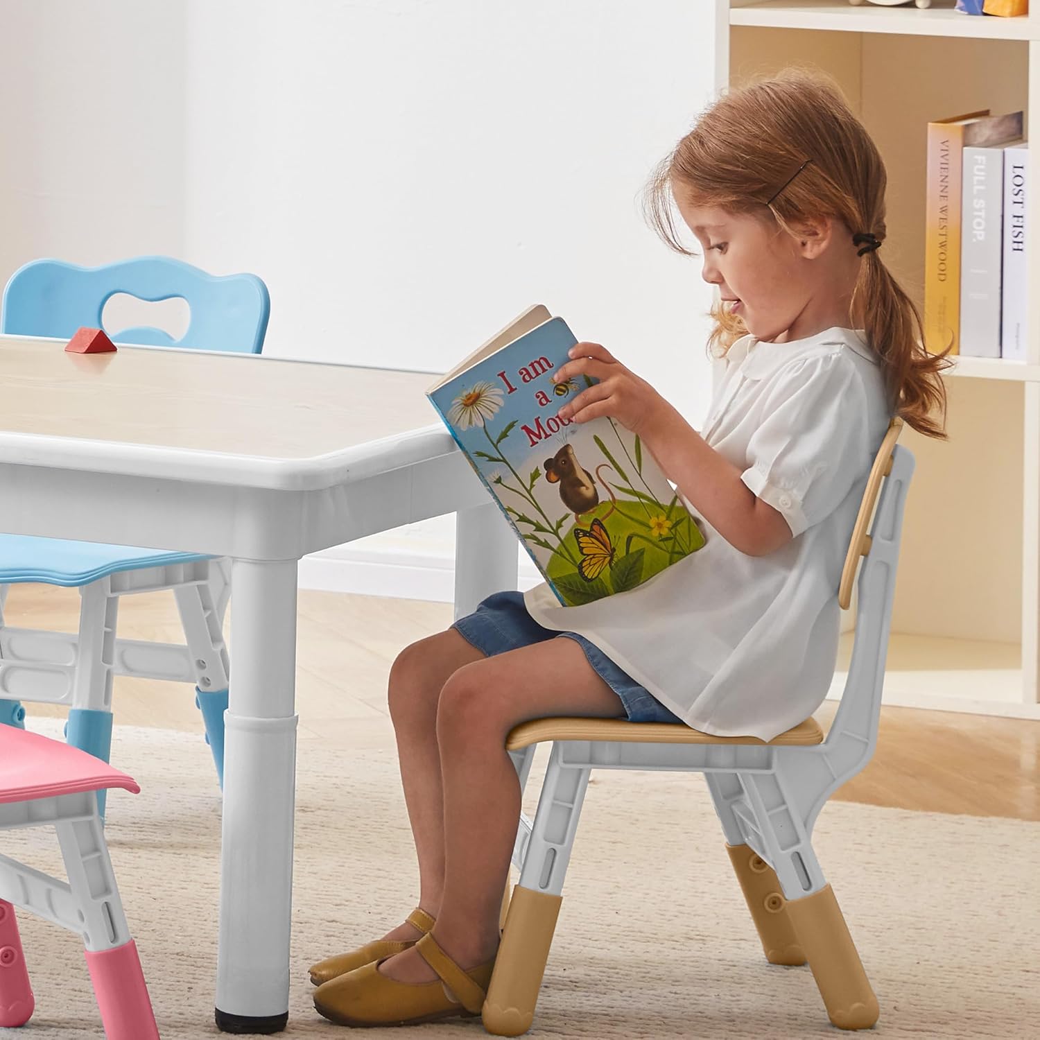 DOREROOM Kids Table and 4 Chairs Set, Height-Adjustable Toddler Table and Chairs with Graffiti Desktop, 31.5''L x 23.6''W Children Activity Table for Daycare, Classroom, Home