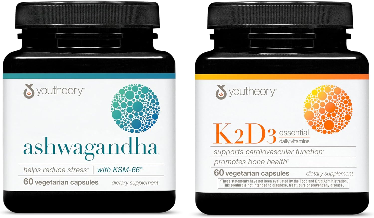 Youtheory Ashwagandha 1,000mg (60 Veg Caps) K2D3 (60 Veg Caps) – Stress & Cortisol Support, Bone & Heart Health* – Gluten, Dairy & Soy Free Supplements for Men & Women