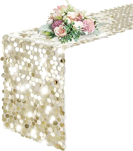 Pufogu Camino de mesa de lentejuelas de 12 x 108 pulgadas, camino de mesa rectangular de lentejuelas grandes con purpurina champán para Halloween,