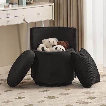 Velvet Vanity Chair with Storage, 360 Swivel Round Storage Ottoman with Pillows, No Assembly Modern Comfy Makeup Stool for Bedroom, Dressing, Living Room Black