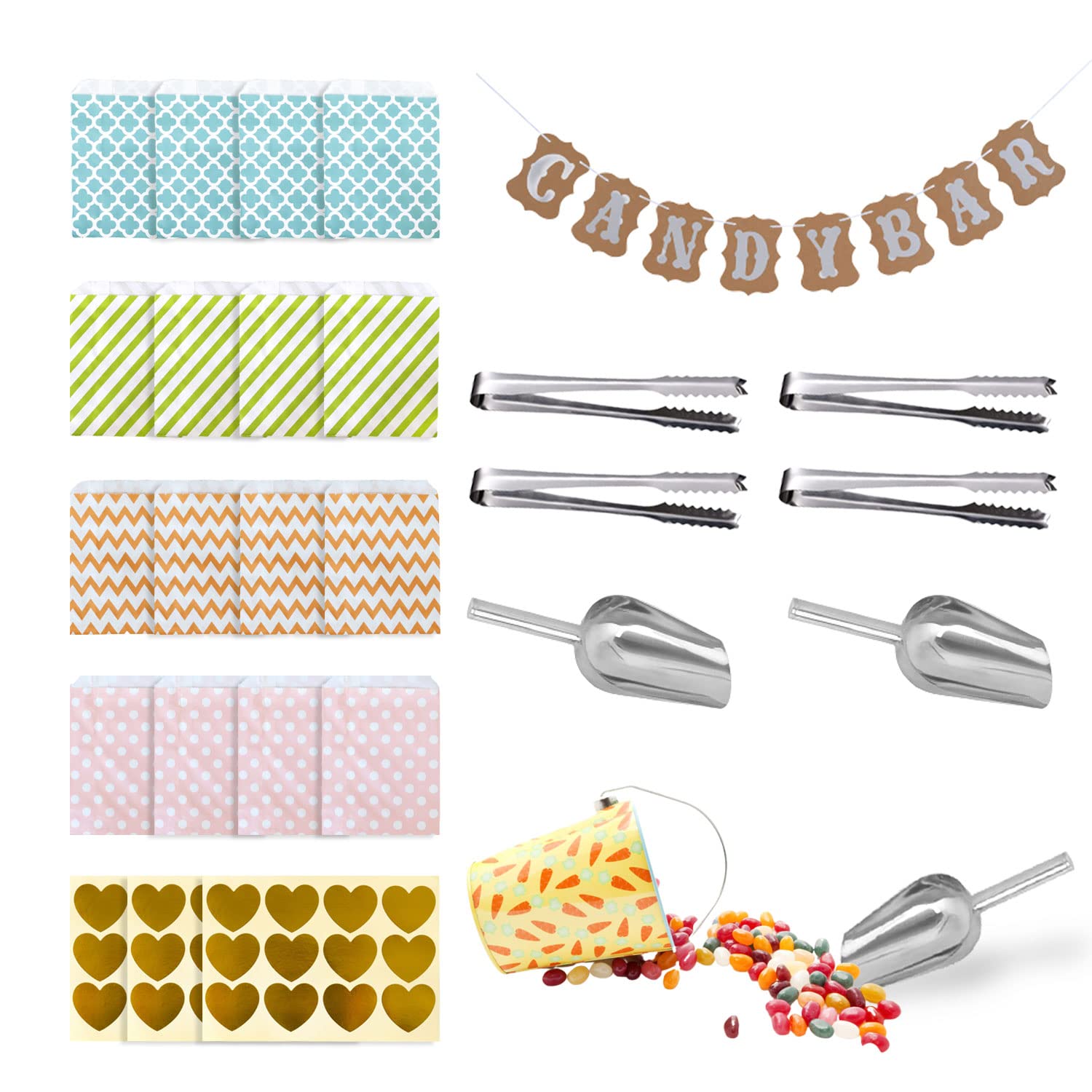 46pcs Candy Bar Sacchetti Caramelle Accessori Set,4 Acciaio Inox Candy 2 Scoop Ghiaccio 36 Candy Sacchetti Regalo 3 Adesivi 1 Candy Bar Banner,Candy Bar Accessori Per Negozi Di Caramelle,Matrimoni