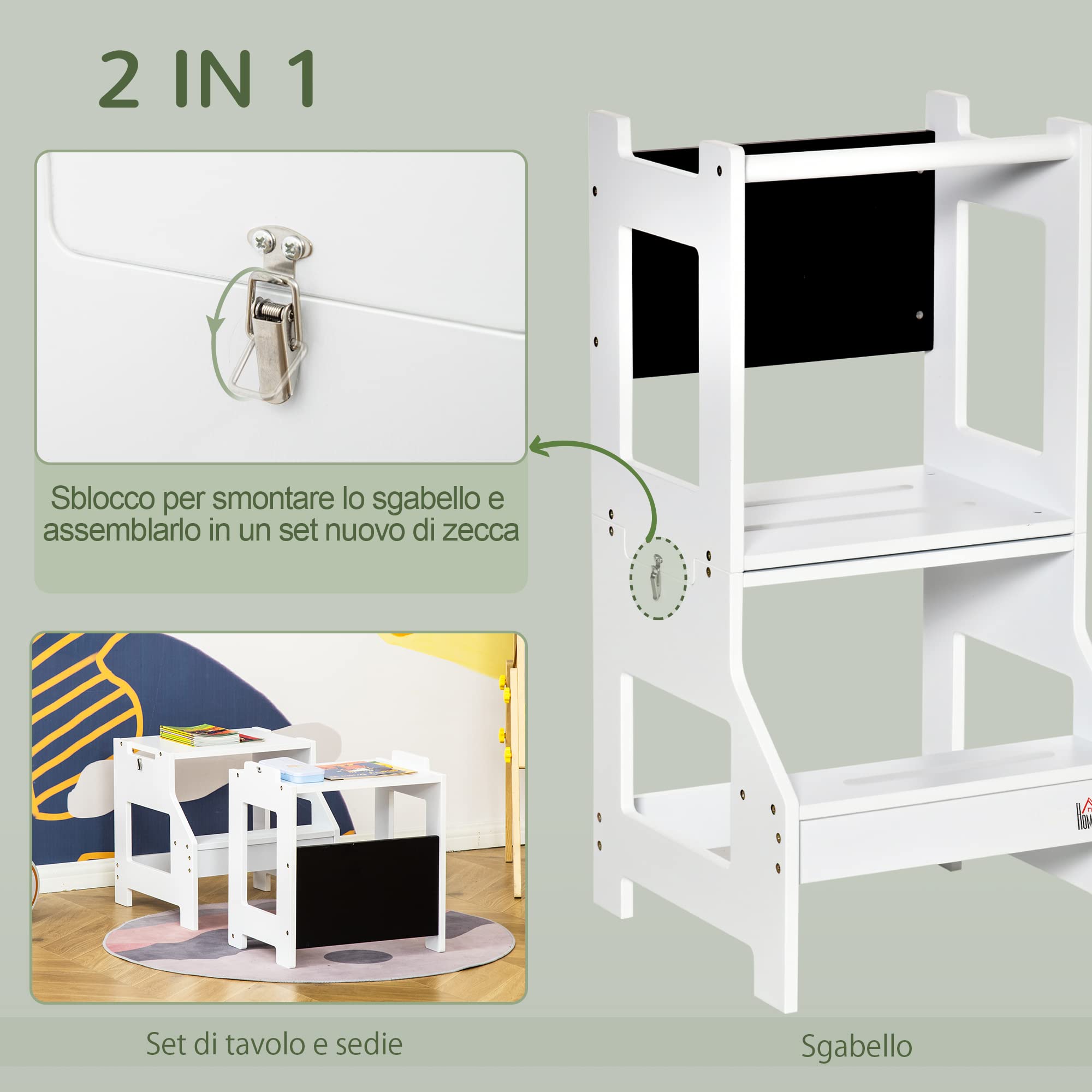 HOMCOM Scala Montessori 2 in 1 in MDF Staccabile, Torre Montessoriana per Bambini 3-6 Anni, Torre di Apprendimento con Sgabello, Lavagna, Corrimano e Parapetti inclusi, Bianco