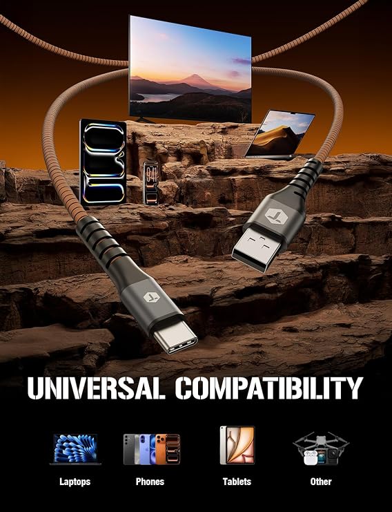 ToughTested 2ft USB to USB C Cable, Short Heavy Duty Armor Flex Braided Fast Charging Cord, 3A High Speed Data Sync, Android Charger, Travel Cable for iPhone 17 16 15 Pro Max, Power Banks, Car Charger