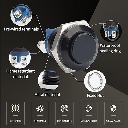 Miniatura 5 de STARELO 5pcs 0.630 in interruptor de botón momentáneo carcasa negra, interruptor de botón impermeable IP65, aleación de aluminio 1 normalmente