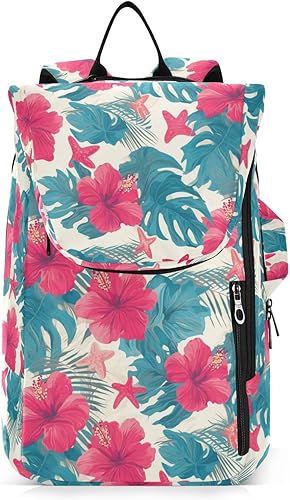 Mochila de tenis para adultos, gran almacenamiento, hojas tropicales, flores de hibisco rojo, estrellas de mar, estilo hawaiano, bolsa de raqueta de
