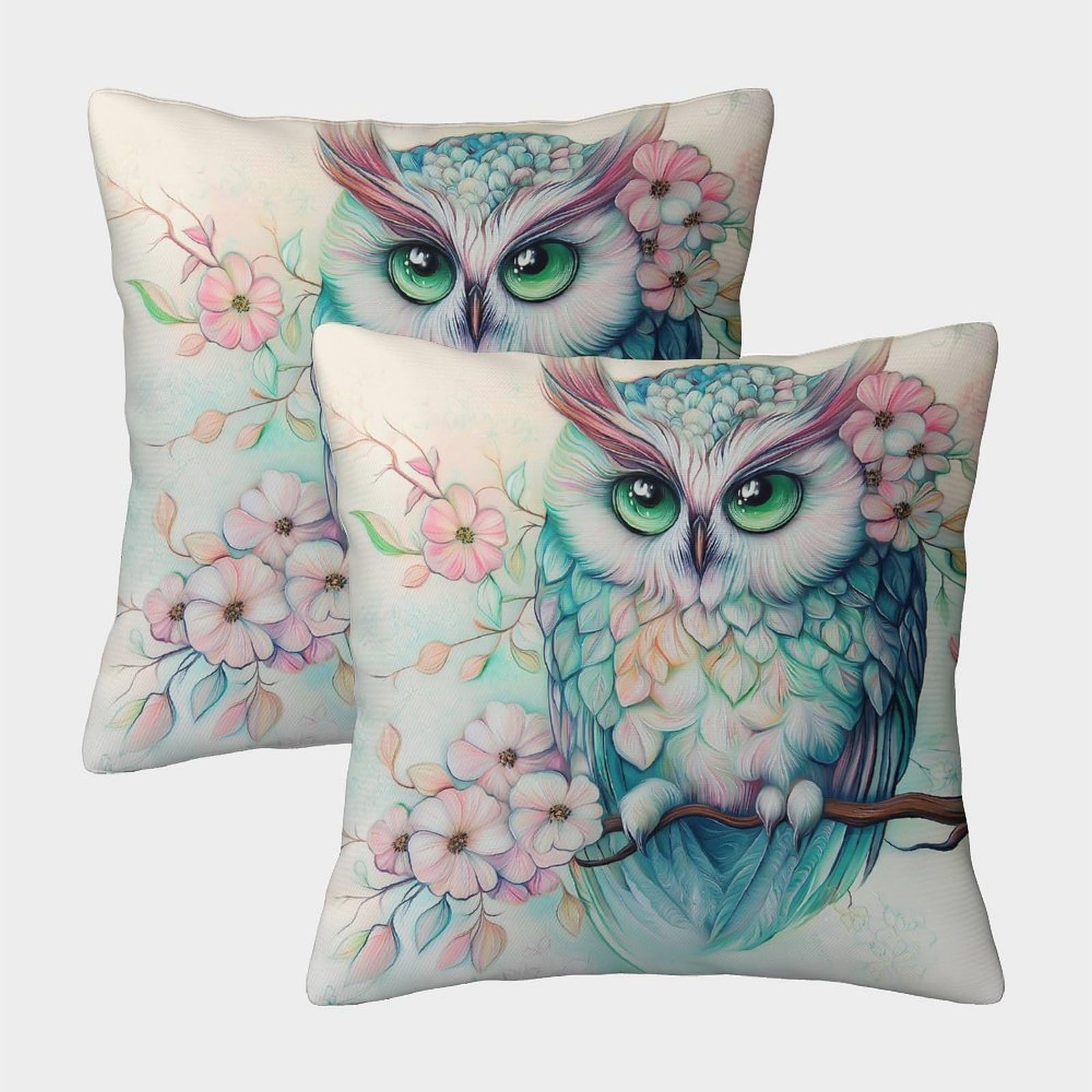 kaiyun 2 Pack Owl- Flowers 3D Image Printed Single-sided Cushion Cover 40x40cm