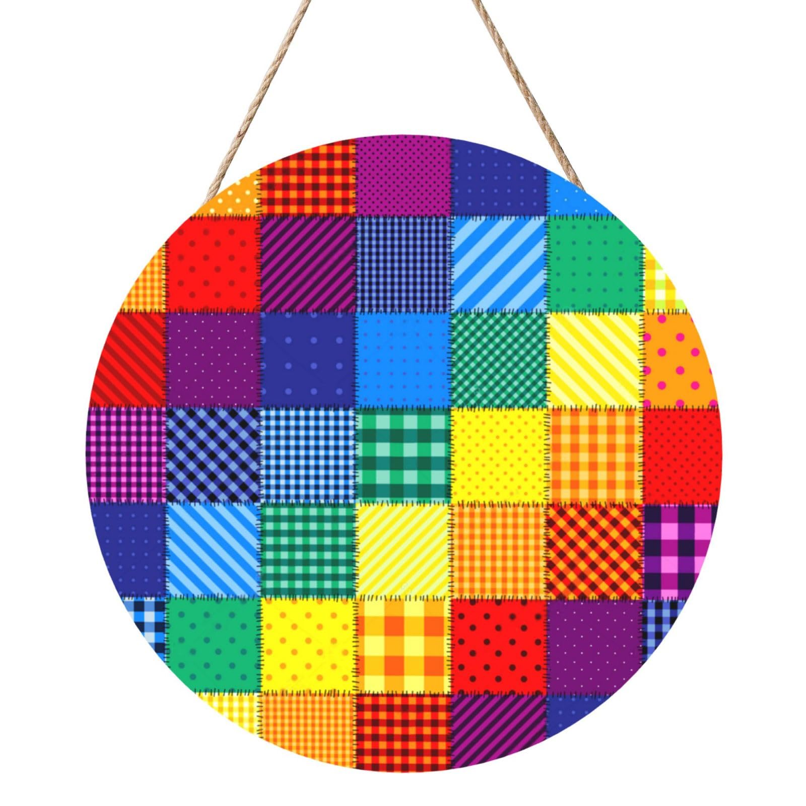 InOmak Patchwork Pattern Of Rainbow Colors, Round Wood Panel Painting 12 in, Wall Hanging Painting For Home