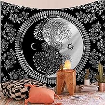 Tree of Life Wall Tapestry for Bedroom Aesthetic Tapestry Hippie Boho Tapestry Indie Bohemian Sun and Moon Tapestry Cool Black and White Tapestry Wall Hanging Beautiful Wall Tapestries (51"x59", B)
